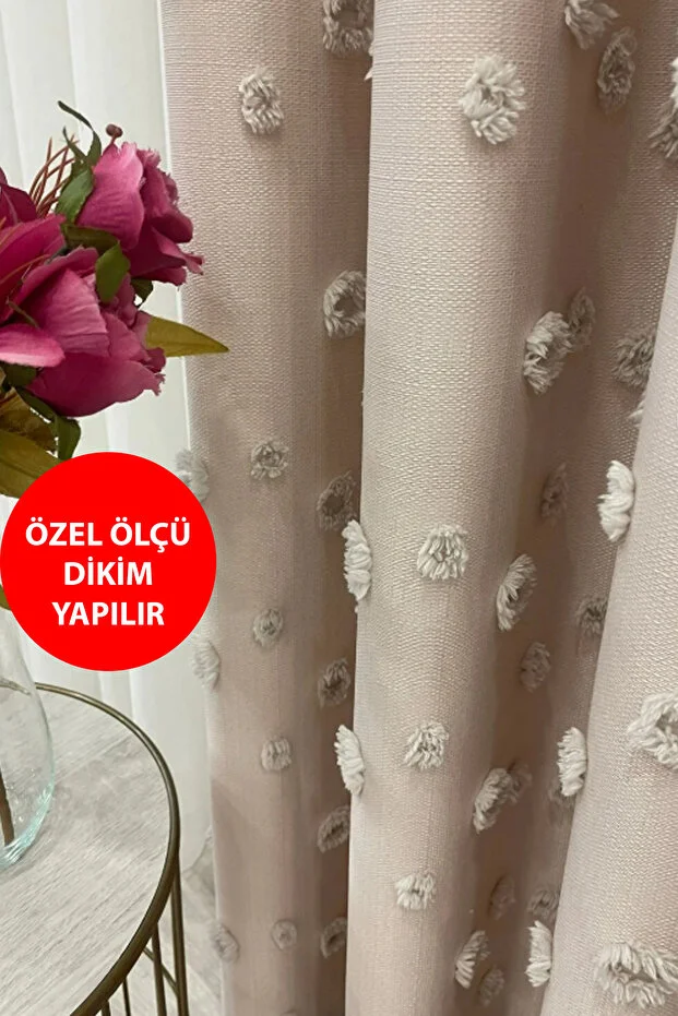  Fon Perde Bej Pufy Püsküllü, Ponponlu, Perde Sık Pileli Keten Pano Fon Tek Kanat
